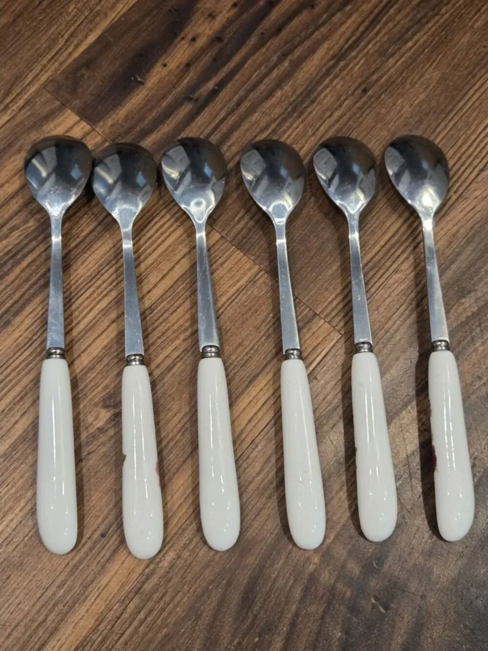 Set of 6 Floral Ceramic Handle Dessert Spoons - 6